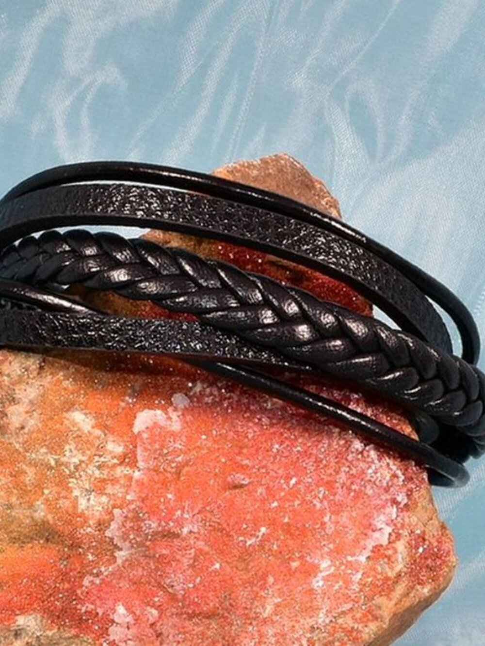 Vault Josef Mens Five Layer Silver Metal Clasp Leather Bracelet Black Gift Boxed